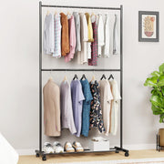 Lukzer Metal Double Rod Cloth Stand with Bottom Shelf & Wheels (MGS-006/Black)