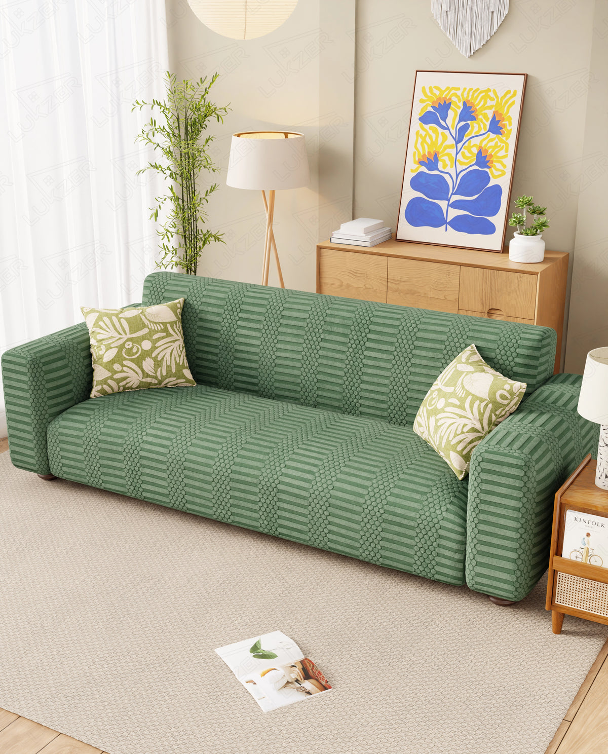 Lukzer Pastel Shades Textured Sofa Cover - Green Dotted Stripe (SC-066-01)