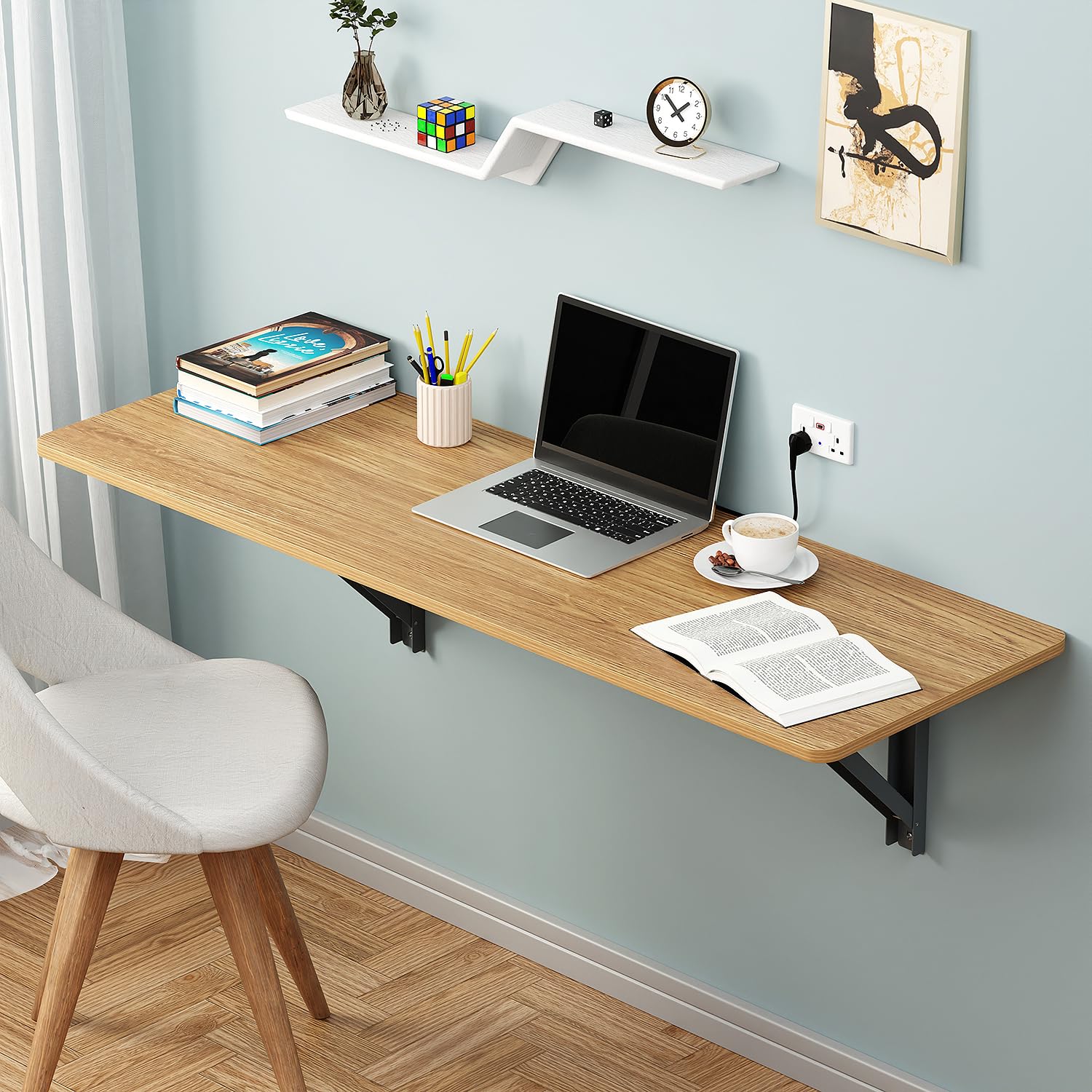 Lukzer Multi-purpose Engineered Wood Wall Mounted Foldable Rack Table (MT-001/Light Oak)