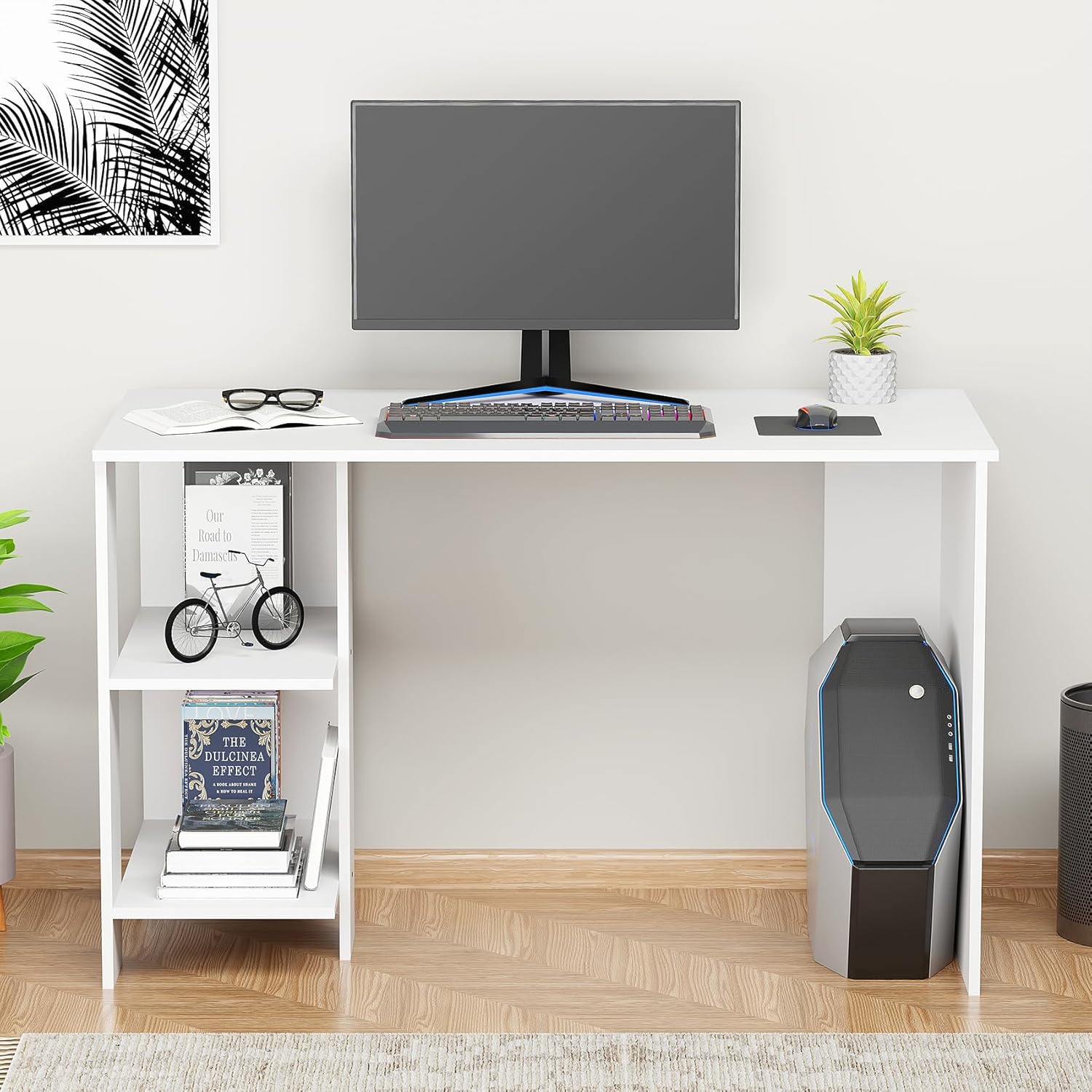Lukzer Engineered Wood Study & Computer Table Office Desk with Bookshelf (ST-007/ White)