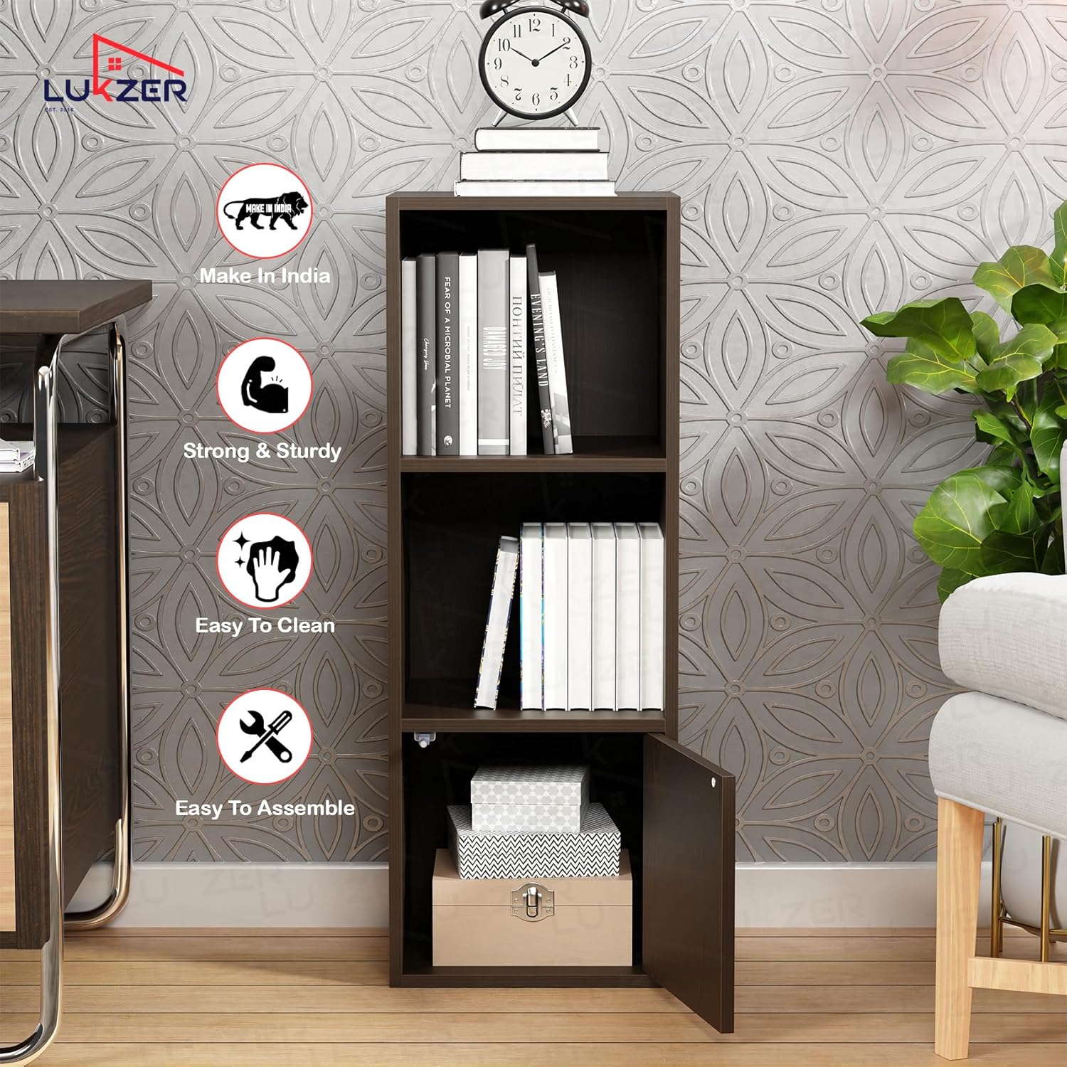 Lukzer 3 Layer Engineered Wood Storage Cabinet with Open Display Rack (MR-022/Wenge)