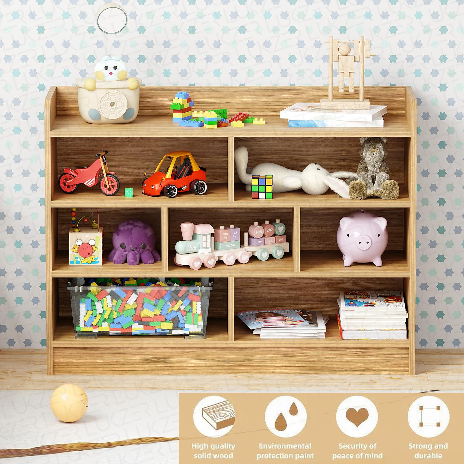 Lukzer Multipurpose 7-Section Storage Rack with 4 Shelves Bookcase & Display Unit (MR-008/Light Oak)