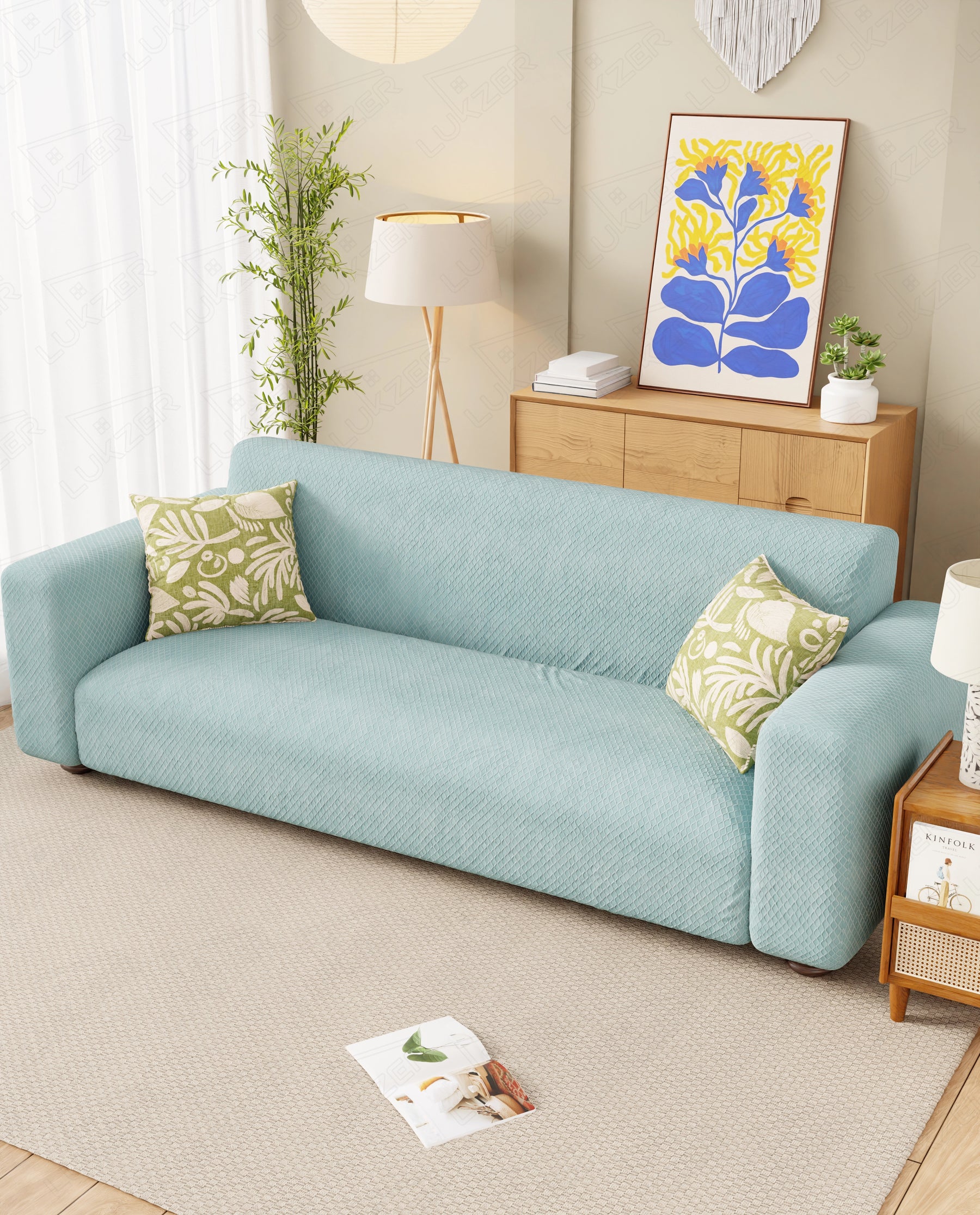 Lukzer Pastel Shades Textured Sofa Cover - Blue Curved Diamond (SC-086-01)