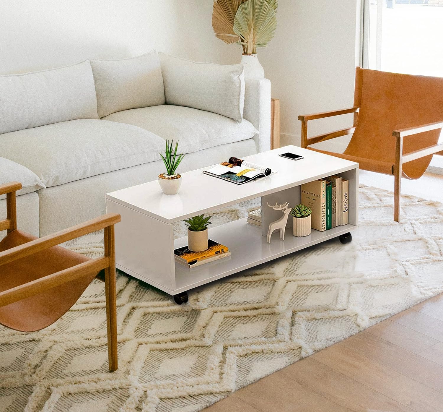 Lukzer Engineered Wood Center Table with Wheels Open Storage Organizer (CT-003/White)