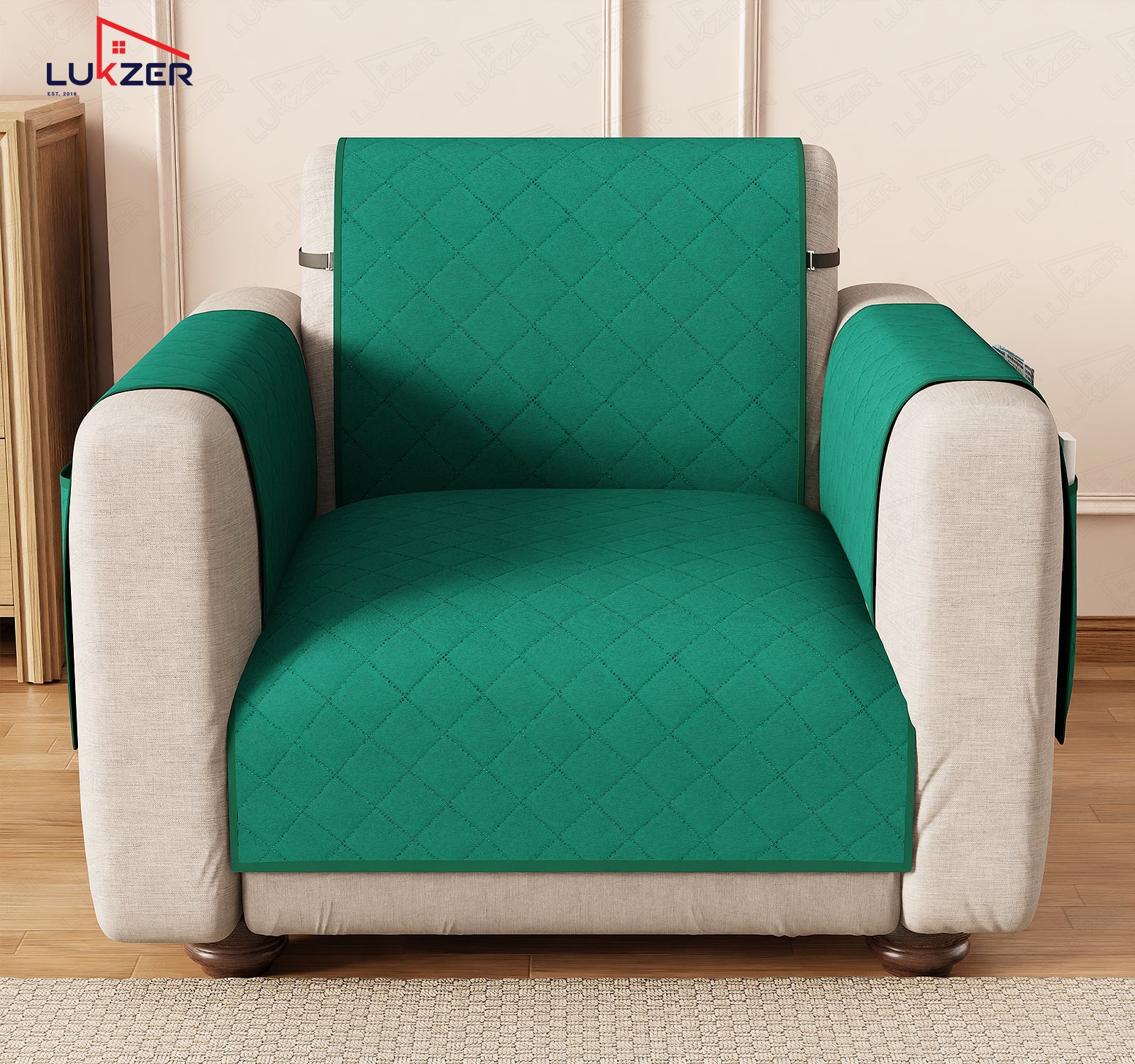 Lukzer Polyester Blend Quilted Sofa Cover Mat (350 GSM)| Full Coverage with Arms &amp; Back Belt | Machine Washable Sofa Runner with Storage Side Pocket