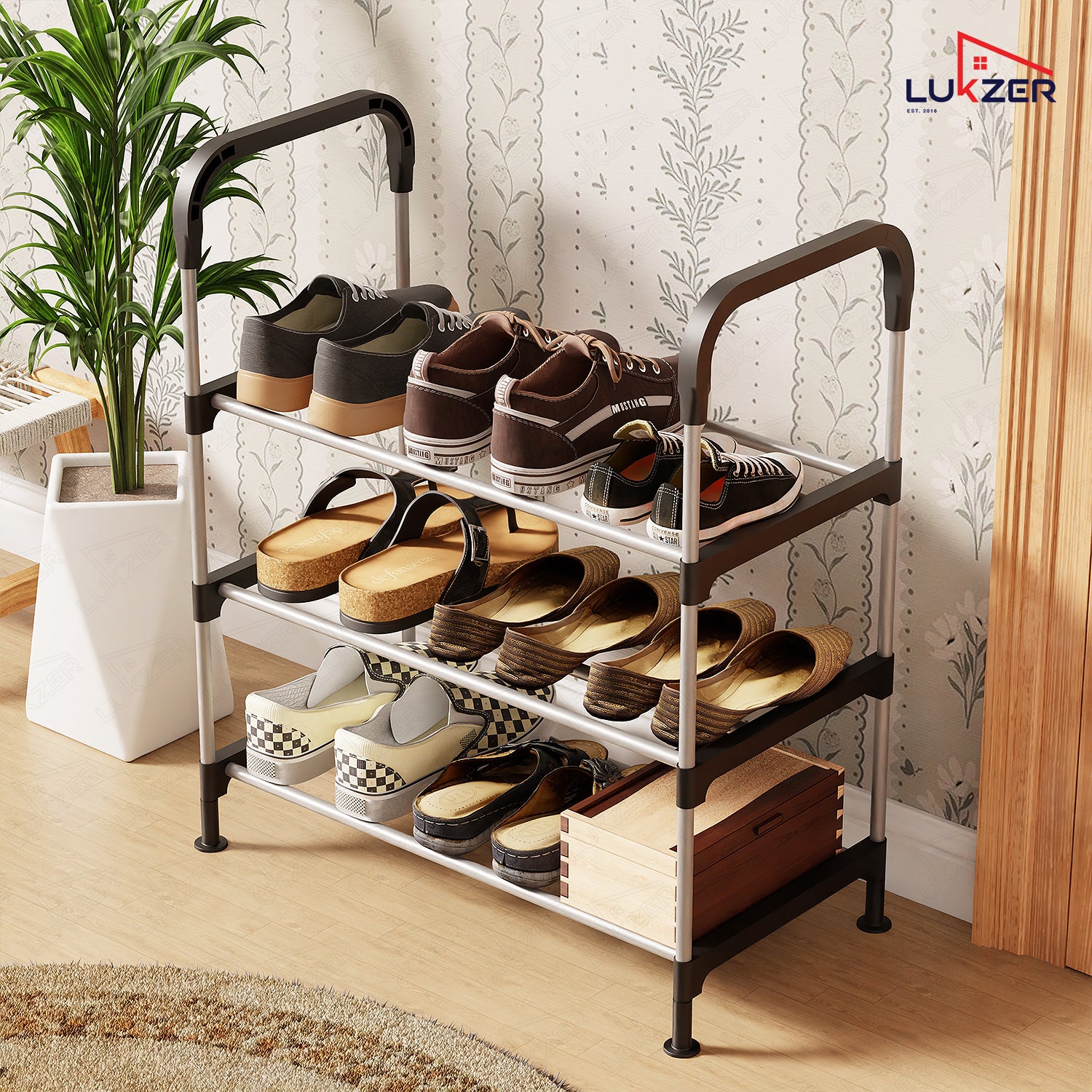 Lukzer 3-Tier Metal & Plastic Space-Saving Shoe Organizer Rack (MSR-003/Silver)