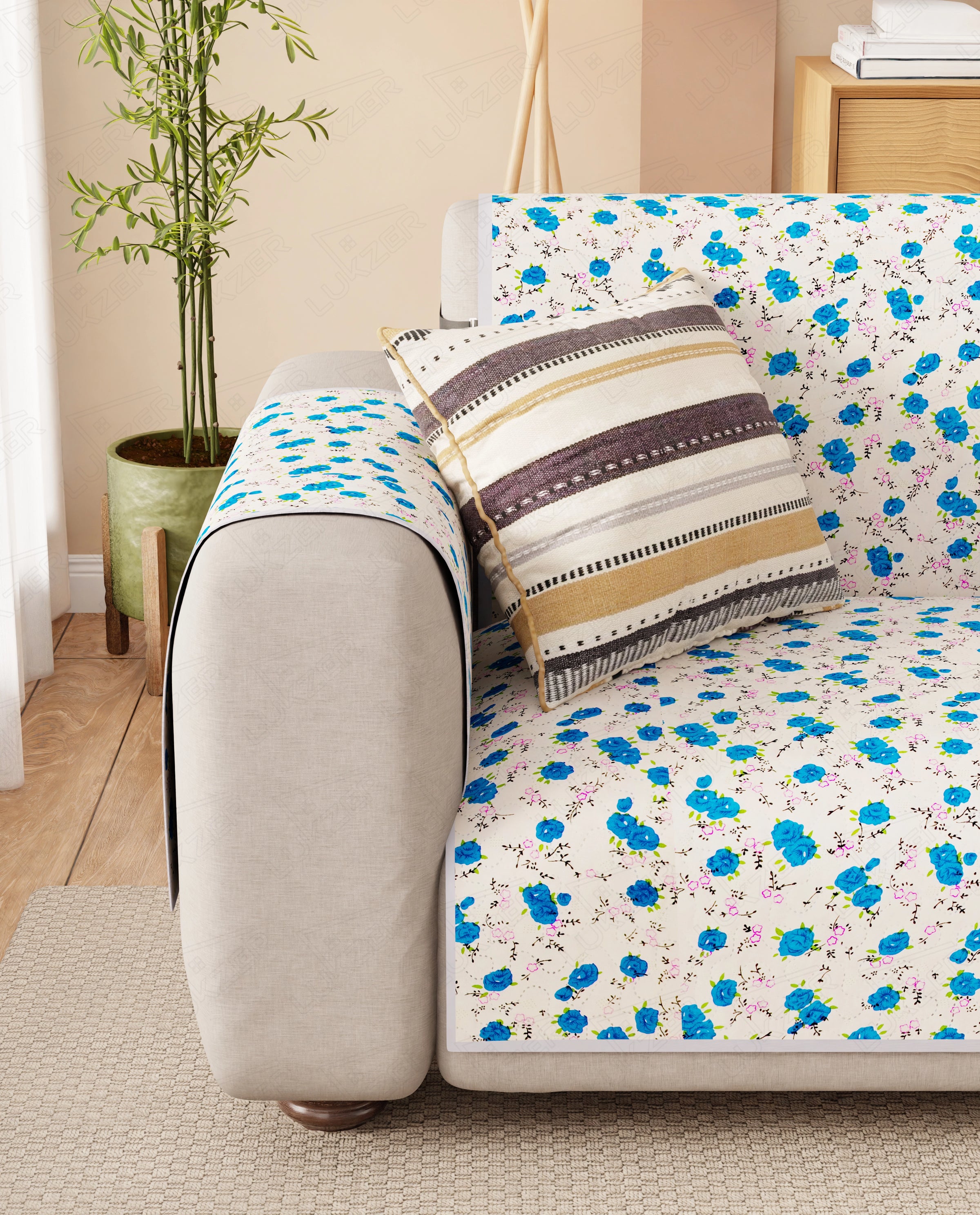 Lukzer Reversible Quilted Sofa Mat with Arms Ikat Rose (SC-203-01)