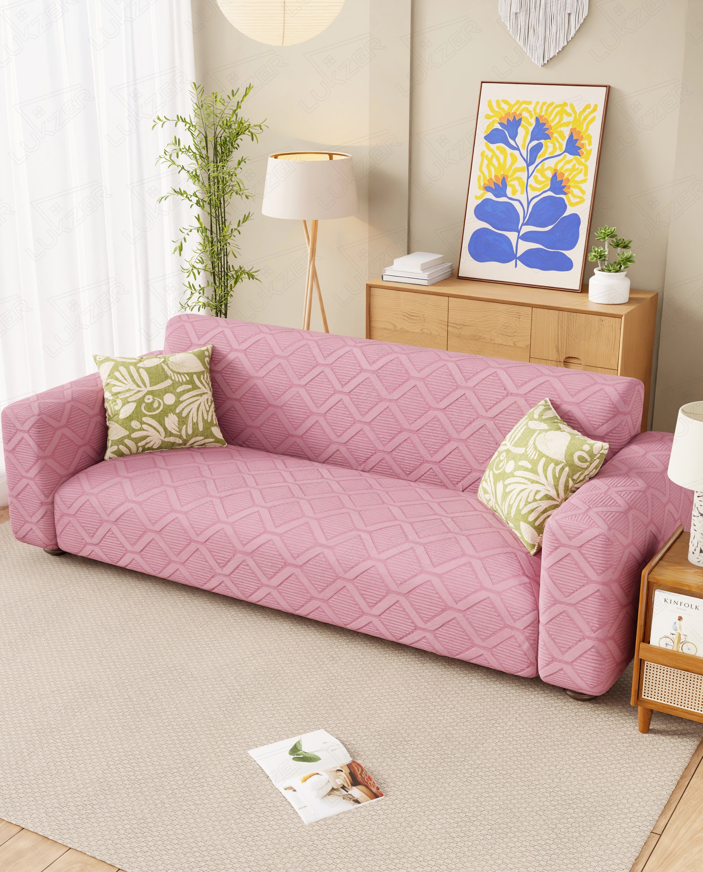 Lukzer Pastel Shades Textured Sofa Cover -  Pink Diamond (SC-154-01)