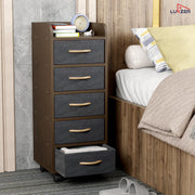 Lukzer 5-Drawer Engineered Wood Storage Cabinet with Fabric Bins & Wheels (MR-027/Wenge)