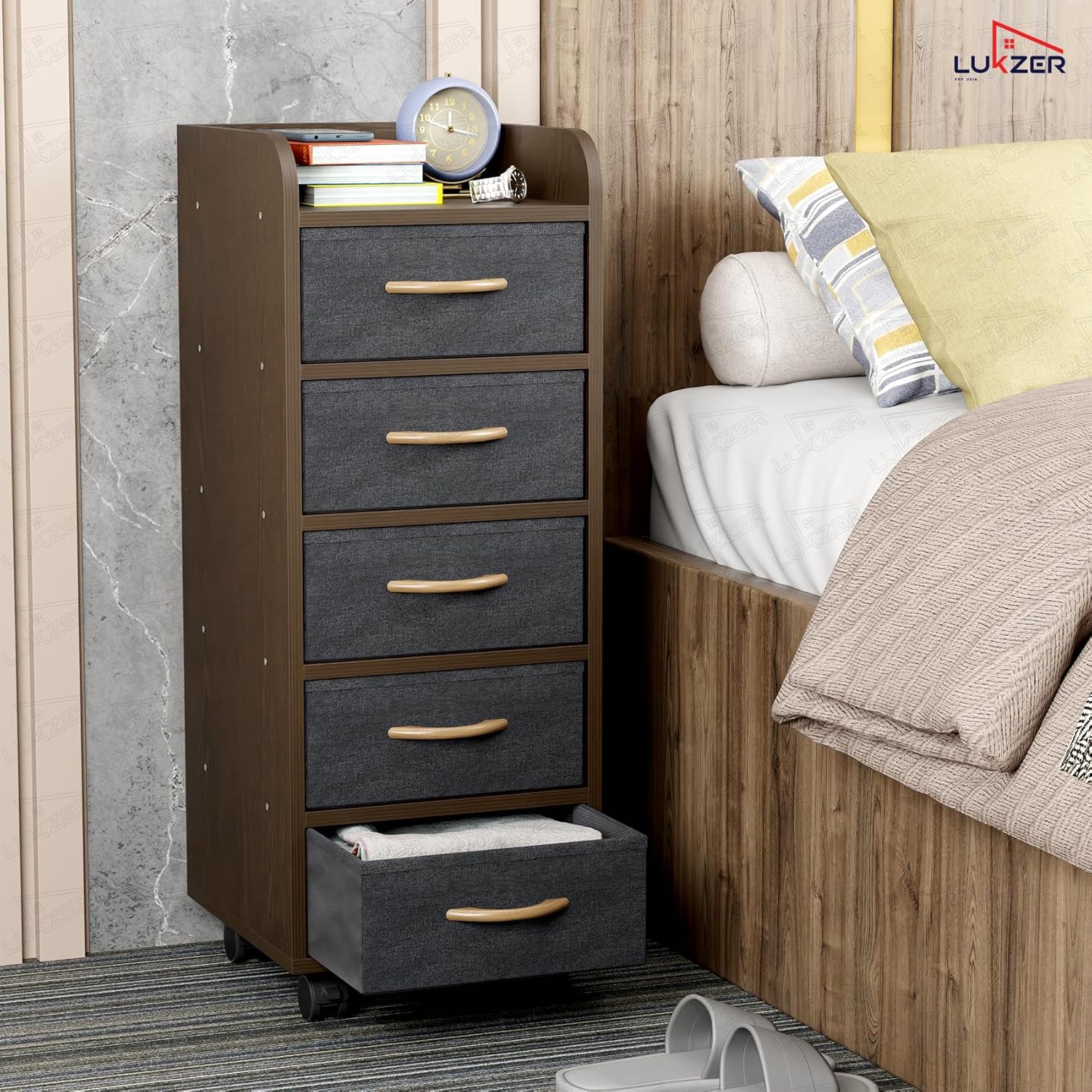 Lukzer 5-Drawer Engineered Wood Storage Cabinet with Fabric Bins & Wheels (MR-027/Wenge)