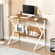 Lukzer Modern Engineered Wood Computer Desk with Bookshelf Oak Brown Top & White Frame (MST-001)