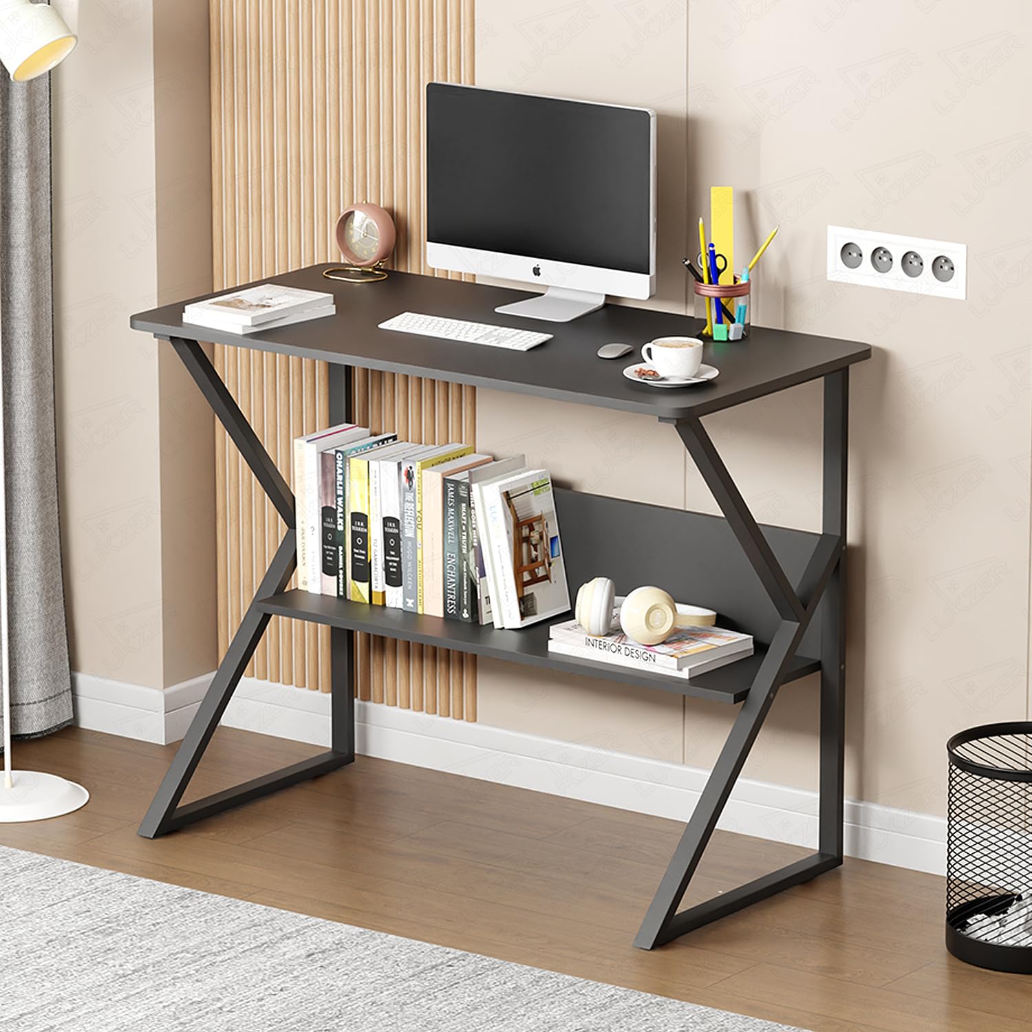 Lukzer Modern Engineered Wood Computer Desk with Bookshelf Black Top &