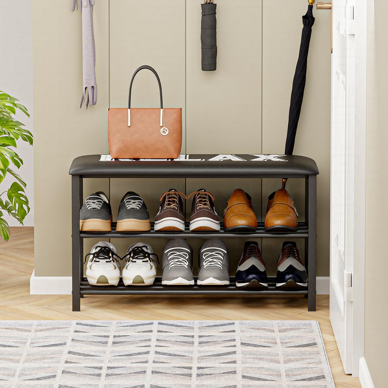 Lukzer 2-Layer Shoe Rack with Bench – Relax Printed Design, Sturdy Storage Organizer