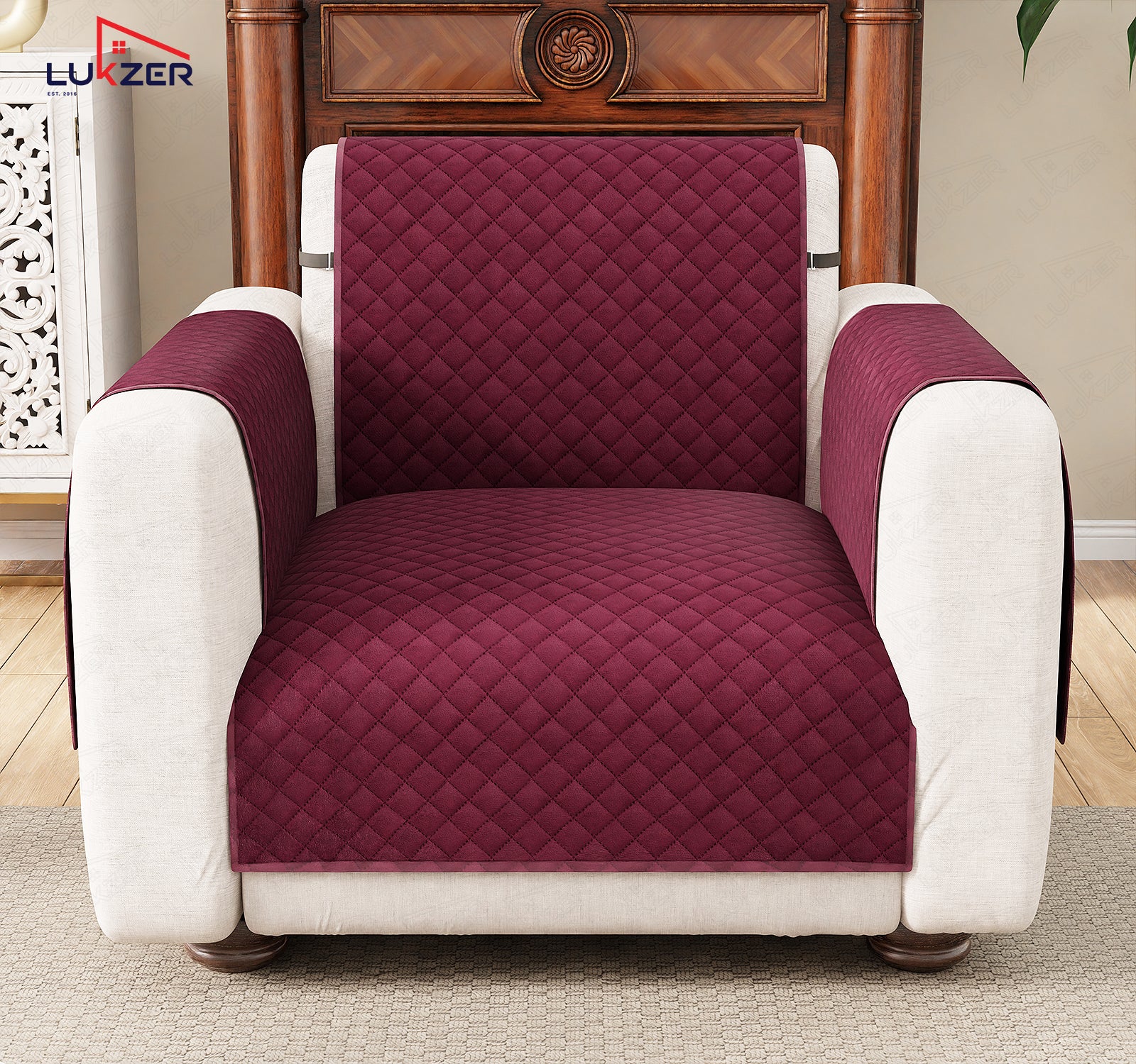 Lukzer Quilted Velvet Sofa Mat | 200 GSM Soft Washable &amp; Removable Couch Protector | Anti-Slip Elastic Strap Cover for Living Room, Pet &amp; Spill Protection
