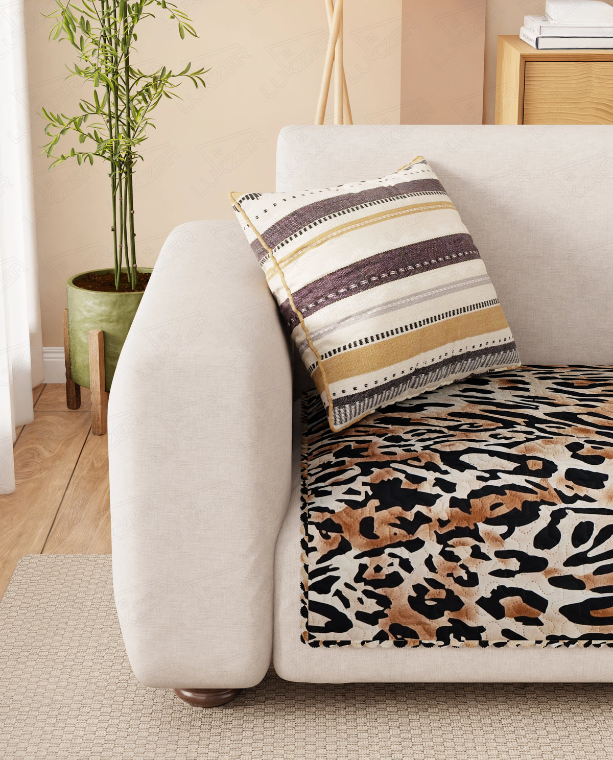 Lukzer Quilted Reversible Leopard Print Sofa Mat with WaveEdge Ultrasonic Cut (ONLY SEAT COVER) - SC-220-01WE