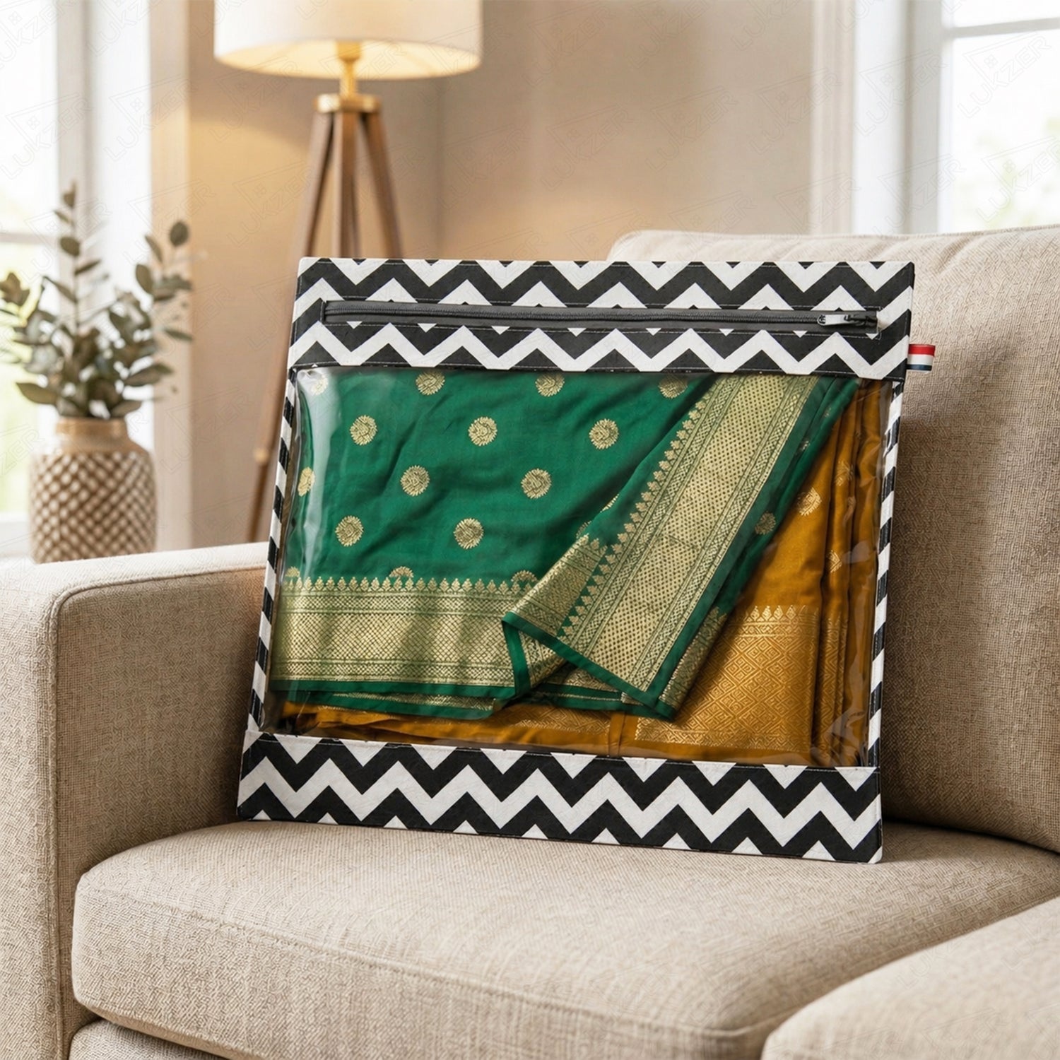 Lukzer 12 Pcs Zigzag Printed Big Size with Zip Closure & Transparent Window Saree Covers (Non-Woven)