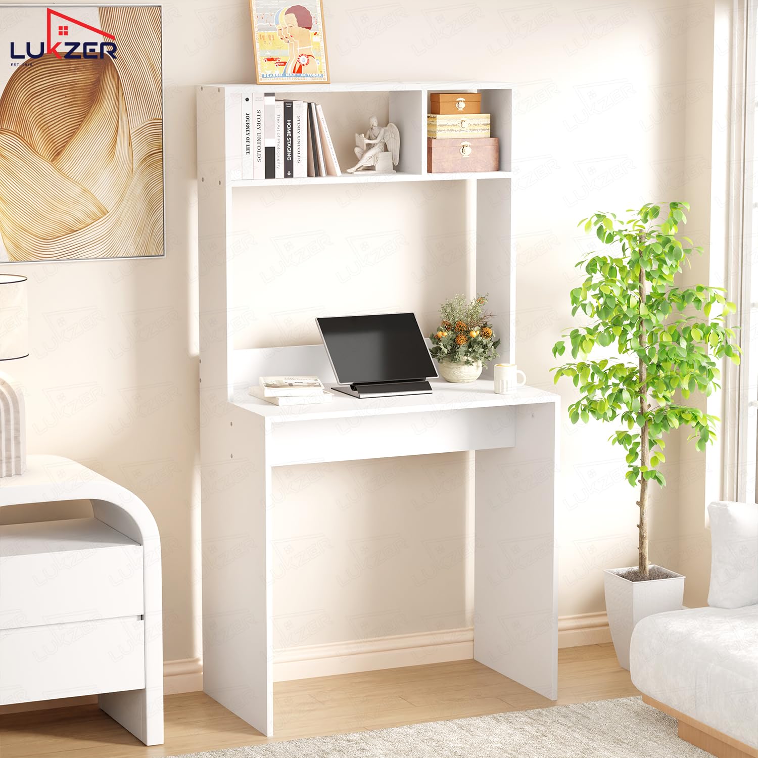 Lukzer Engineered Wood Computer Desk Study Table with Bookshelf Study Table (ST-006/White)