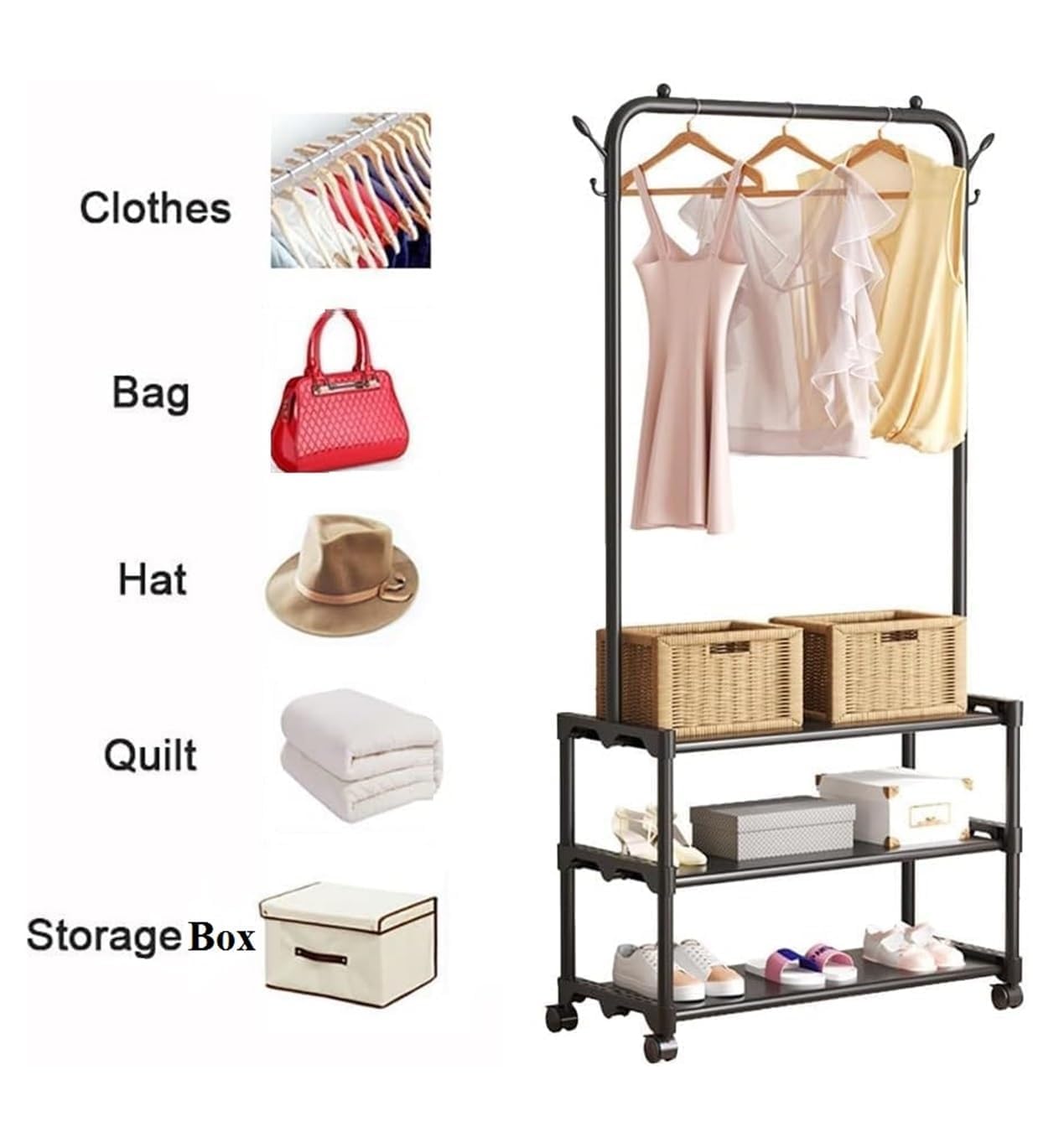 Lukzer Metal Garment Stand with 2 & 3 Bottom Shelves – Durable Clothing Organizer (Black/White)
