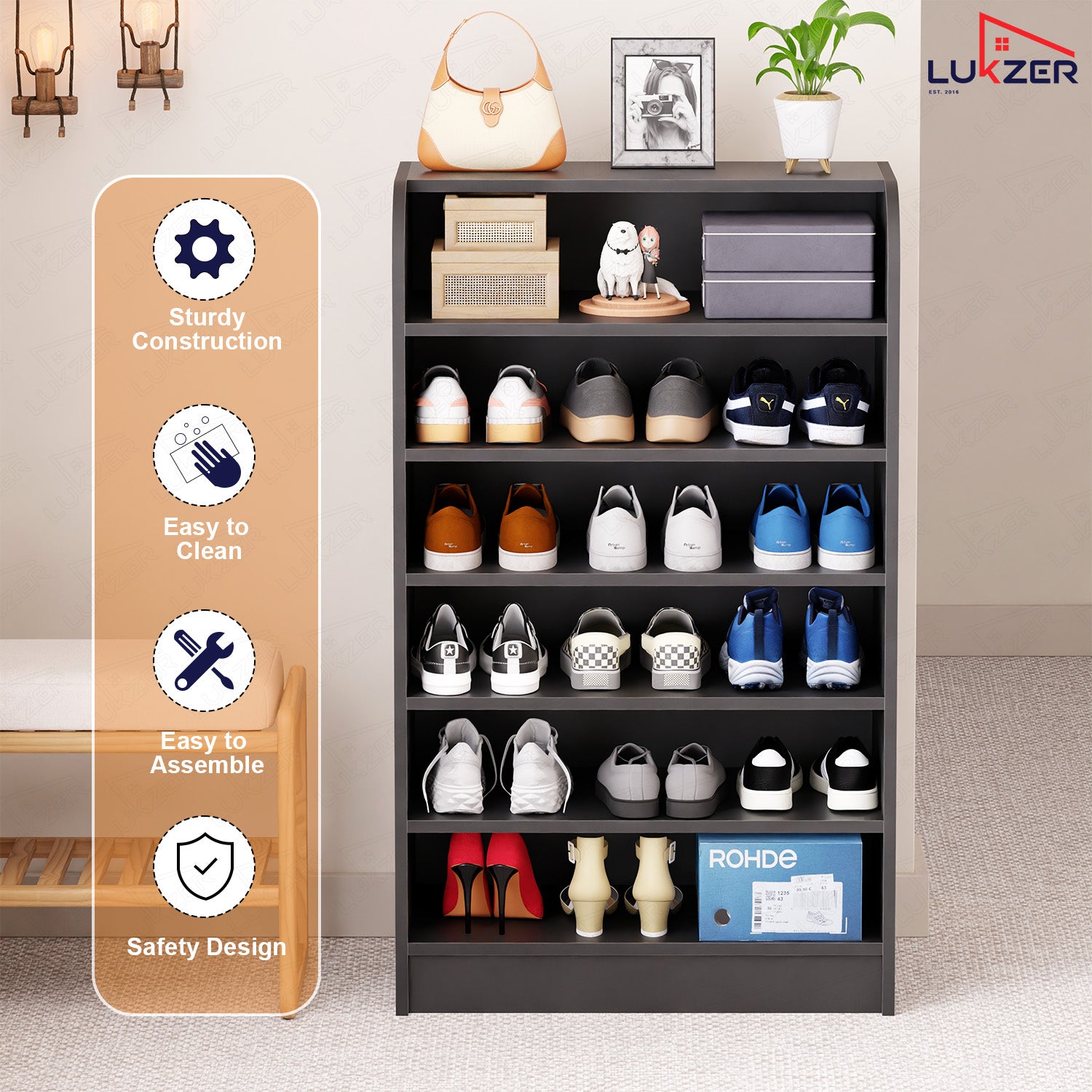 Lukzer Heavy-Duty 6 Layer Open Shoe Organizer Rack Stand (SR-005/Black)