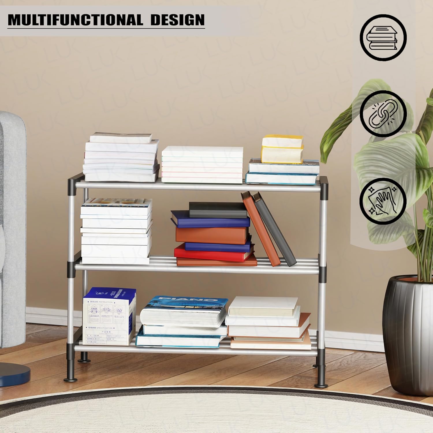 Lukzer Easy DIY Metal & Plastic Bookshelf/Storage Organizer – Black & Silver (3/4/5/6 Layers)