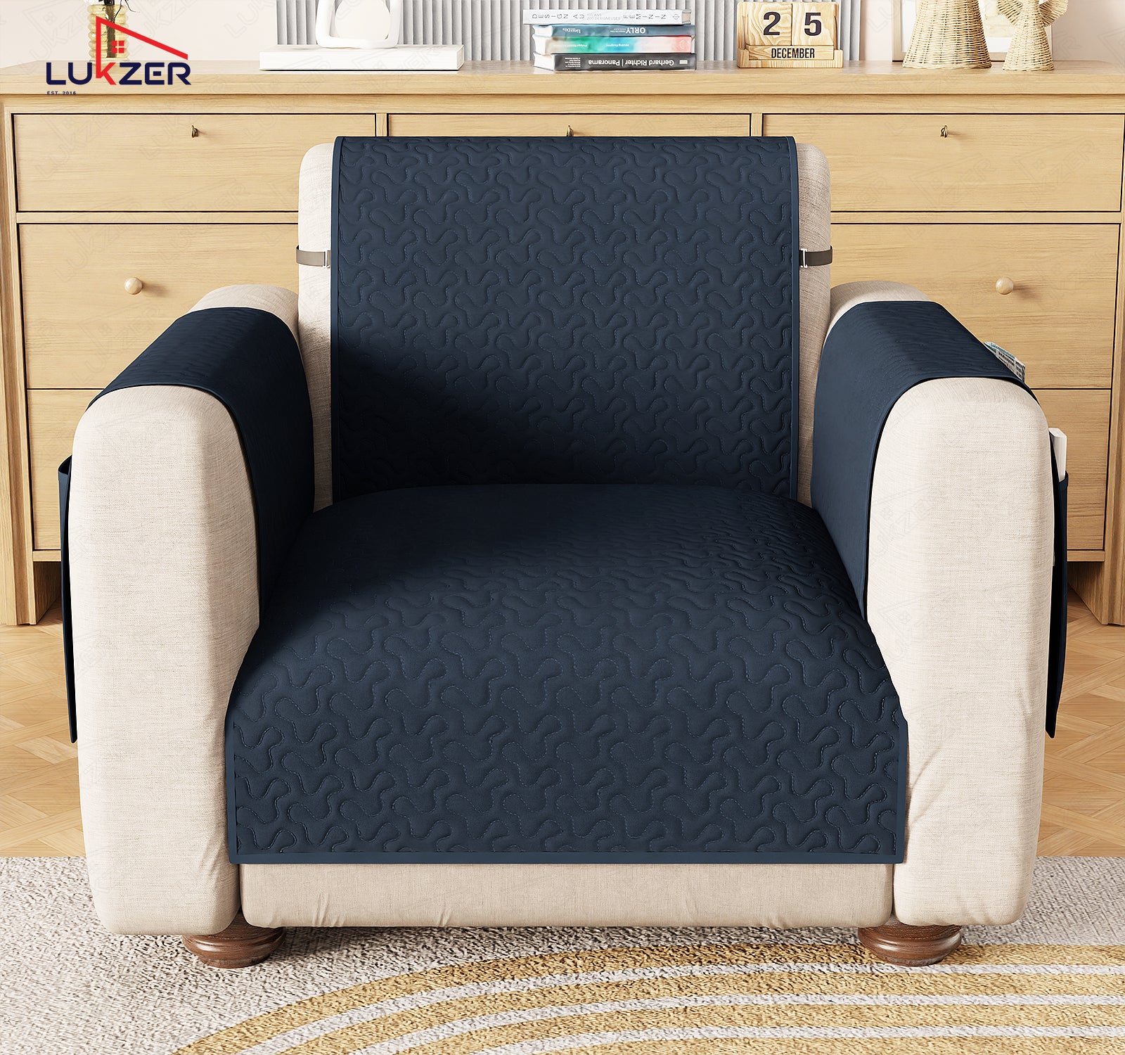 Lukzer Quilted Stipple Blue Sofa Cover Mat with Storage Side Pocket | 350 GSM Polyester Blend Full Coverage with Arms &amp; Back Belt | Machine Washable Sofa Runner.