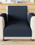 Lukzer Quilted Stipple Blue Sofa Cover Mat with Storage Side Pocket | 350 GSM Polyester Blend Full Coverage with Arms & Back Belt | Machine Washable Sofa Runner.