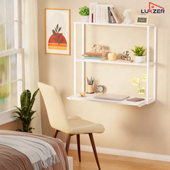 Lukzer Wall Mounted Study Table with Multipurpose Storage Shelves (MMR-007/White & White)