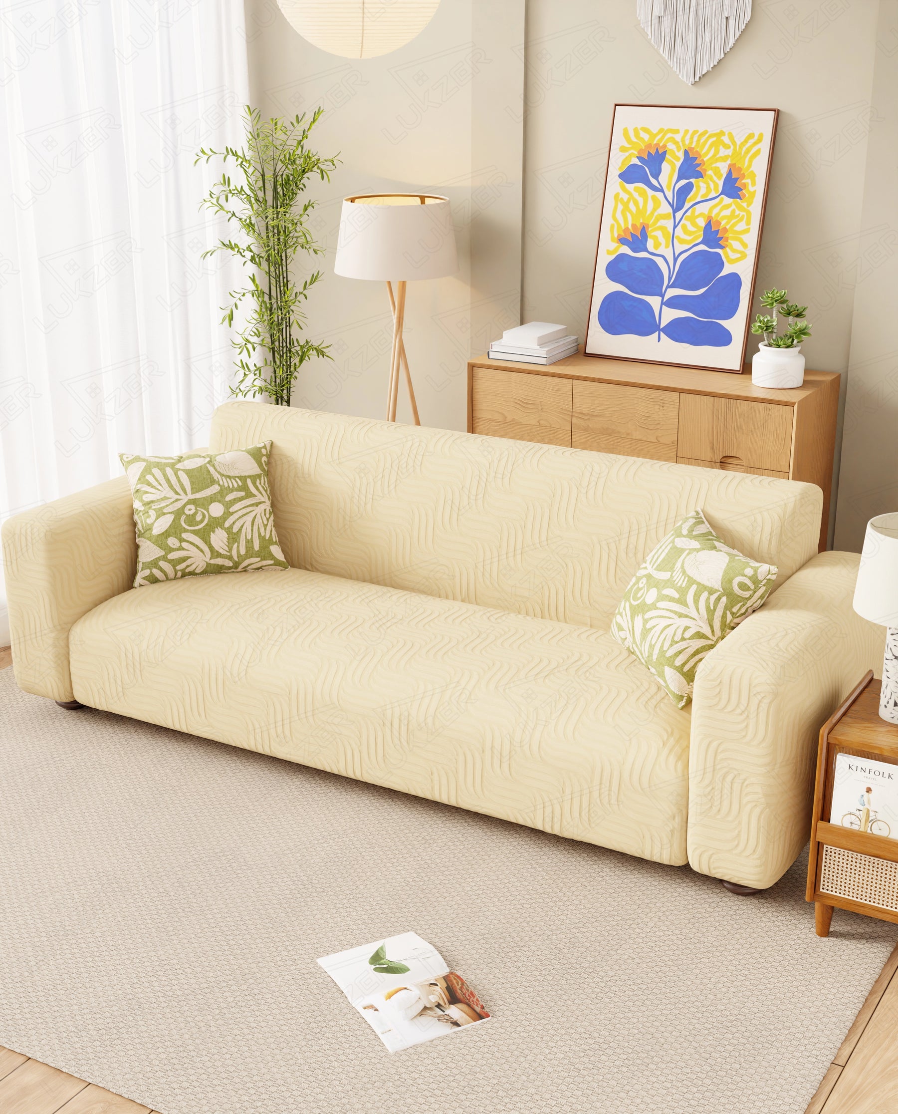 Lukzer Pastel Shades Textured Sofa Cover - Yellow Ripple Lines (SC-163-01)