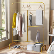 Lukzer MGS-005 Gold Metal Garment Stand with Bottom Shelf | Heavy-Duty Clothes Rack