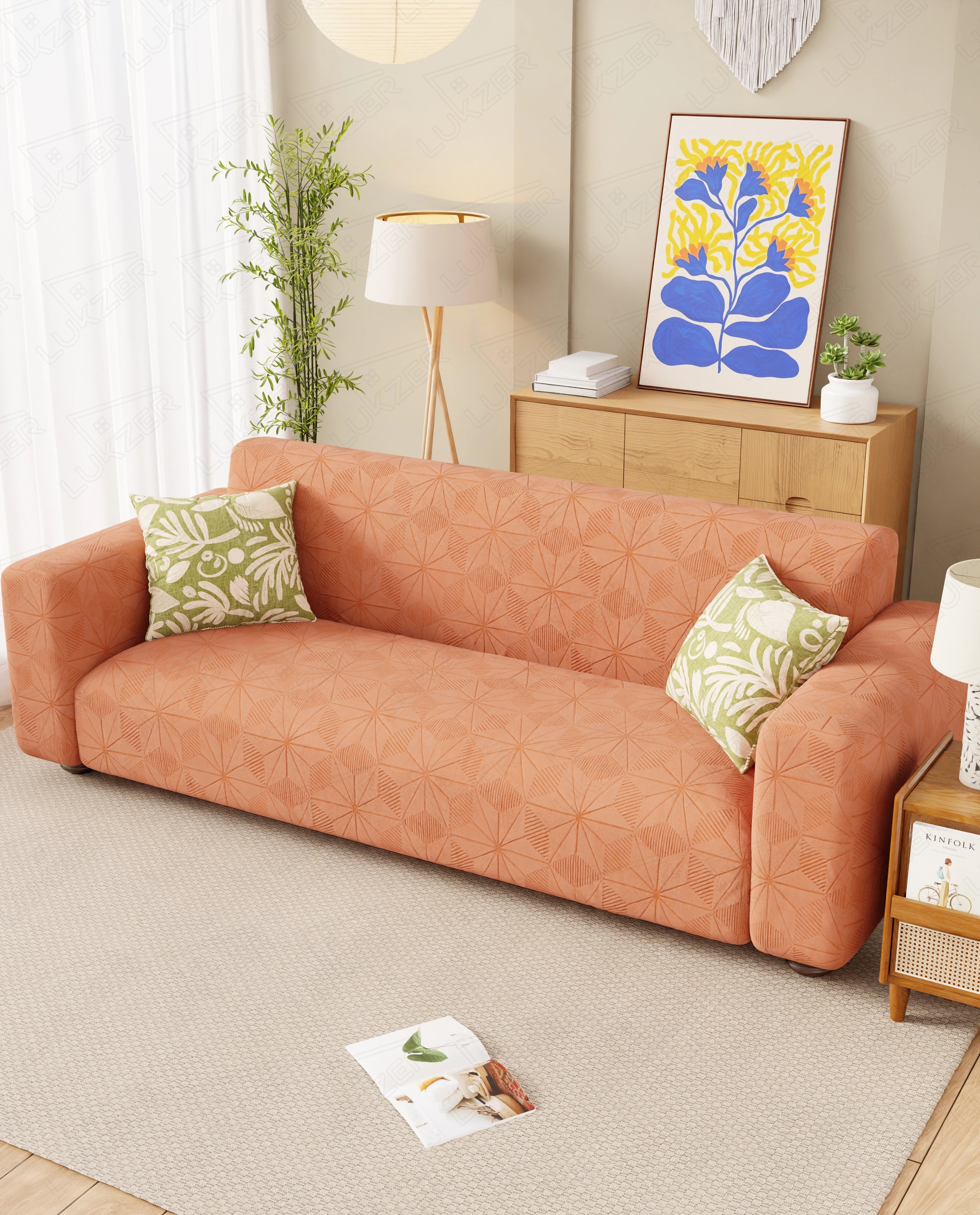 Lukzer Pastel Shades Textured Sofa Cover - Orange Starlight Grid (SC-142-01)