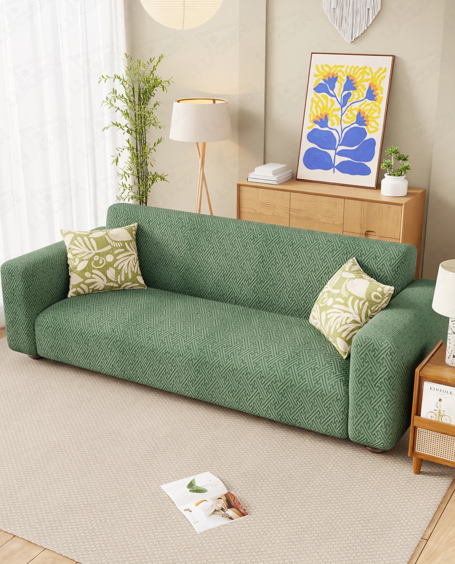 Lukzer Pastel Shades Textured Sofa Cover  Green Grid Maze (SC-107-01)