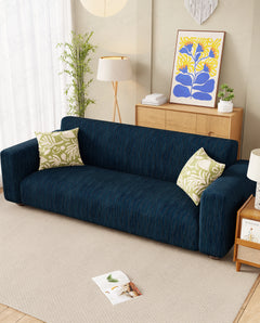 Lukzer Pastel Shades Textured Sofa Cover - Marine Blue Wavy Stripes (SC-149-01)