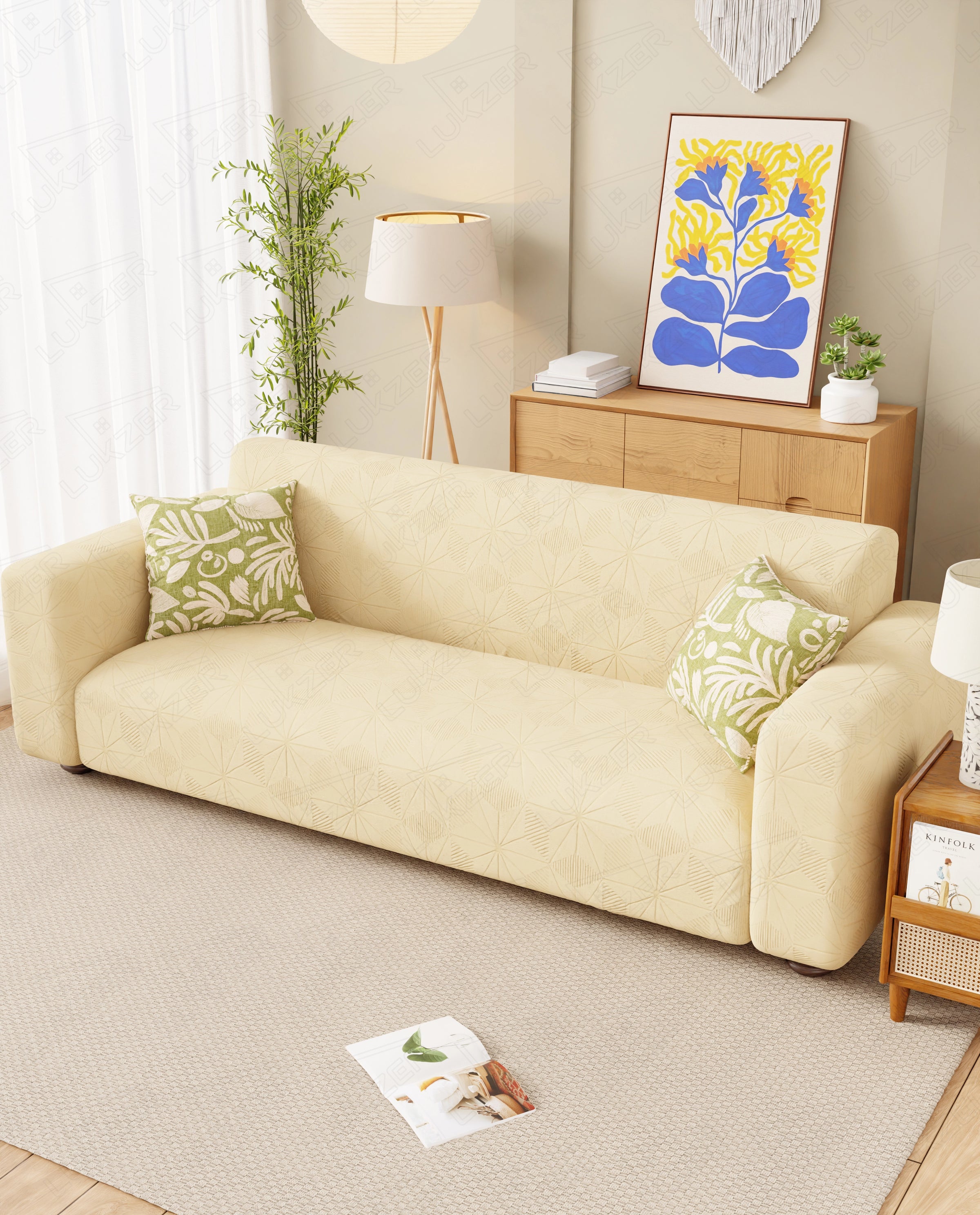 Lukzer Pastel Shades Textured Sofa Cover - Yellow Starlight Grid (SC-141-01)