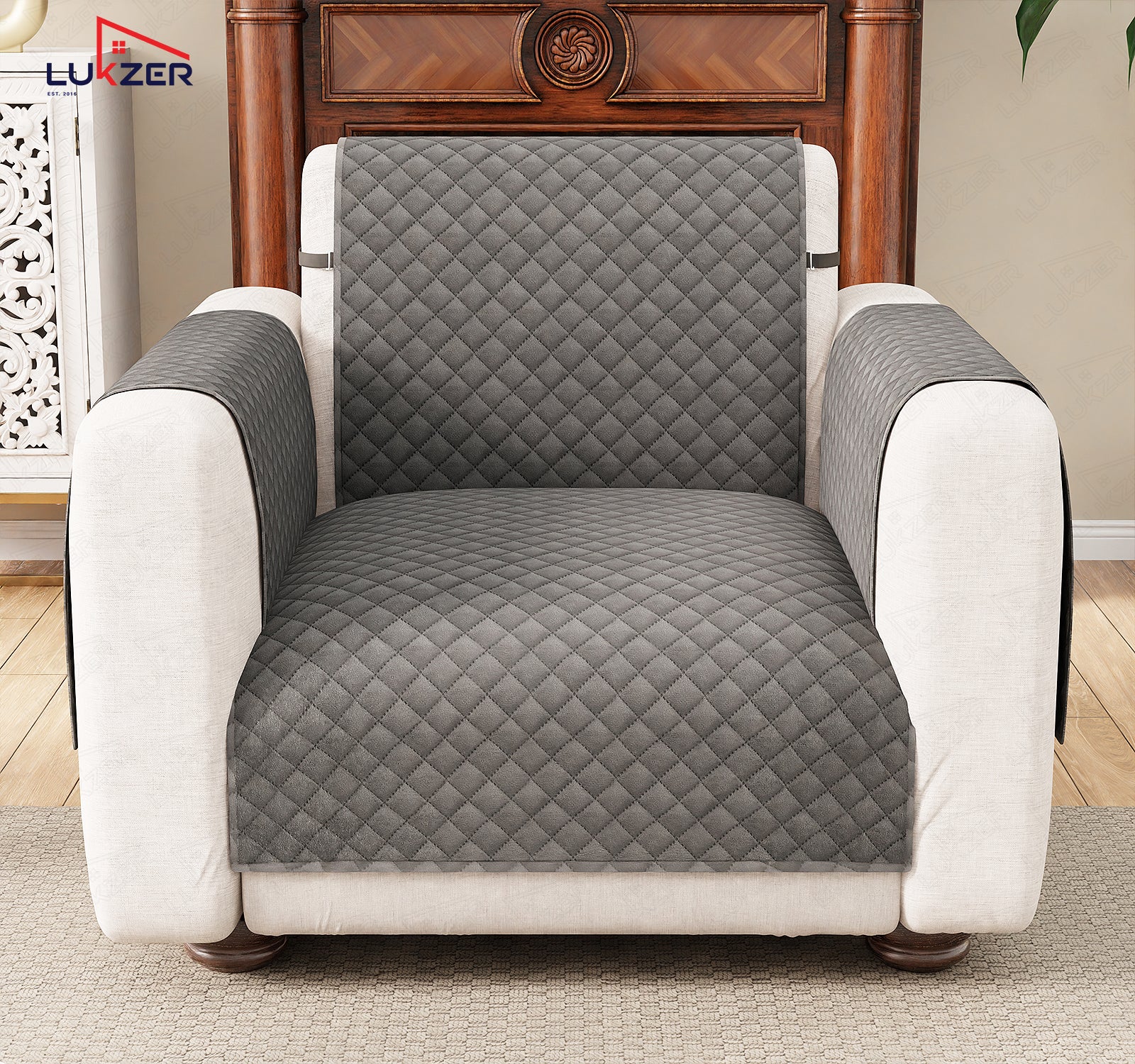 Lukzer Quilted Velvet Sofa Mat | 200 GSM Soft Washable &amp; Removable Couch Protector | Anti-Slip Elastic Strap Cover for Living Room, Pet &amp; Spill Protection