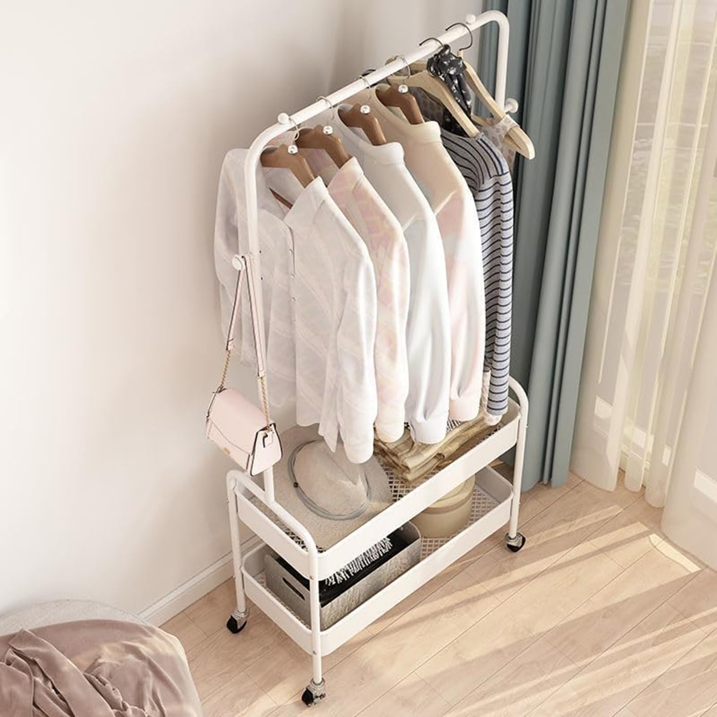 Lukzer 2-in-1 Portable Garment Rack with Wheels & 2-Tier Metal Baskets (Black/White, 32x66x156cm)