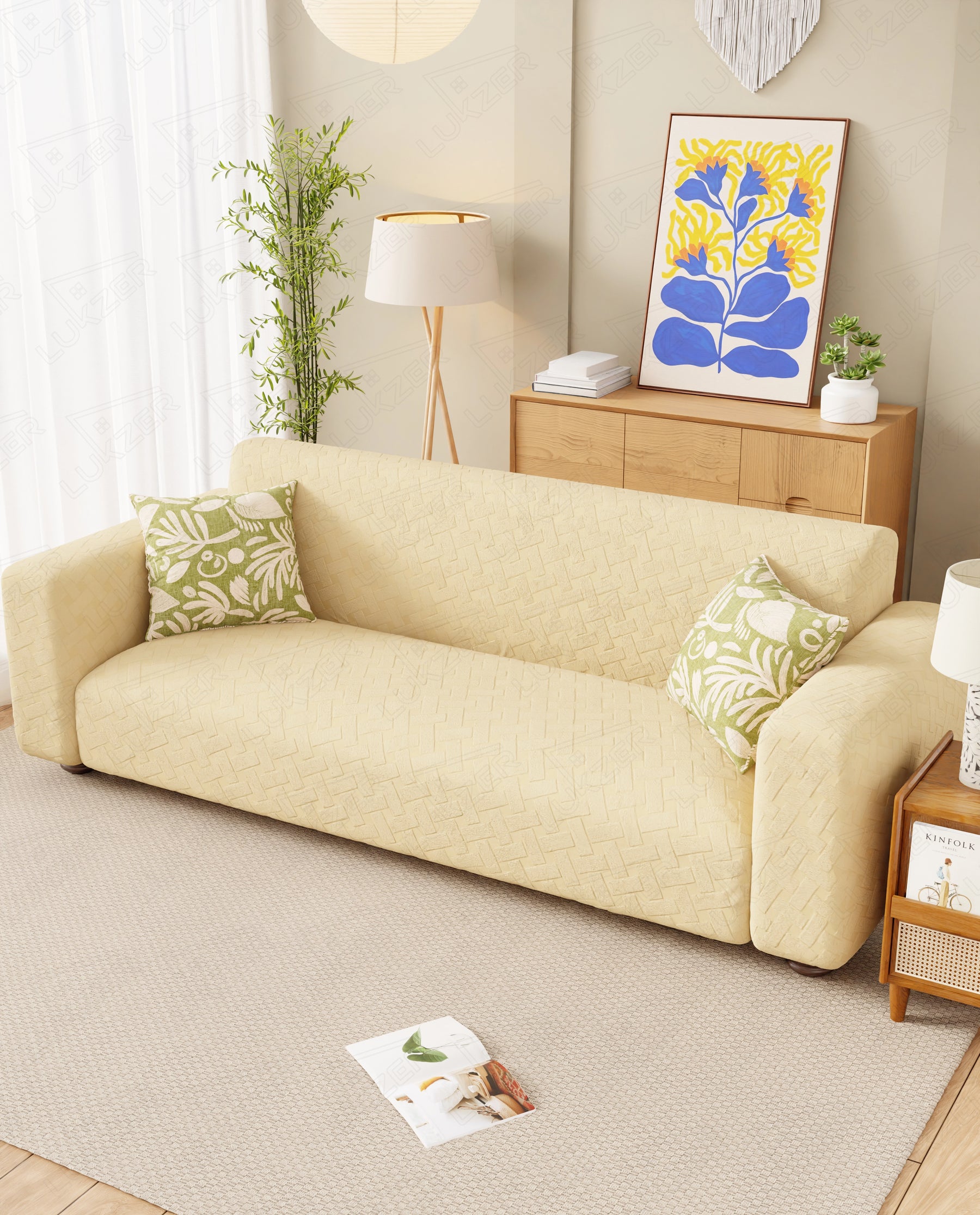 Lukzer Pastel Shades Textured Sofa Cover - Yellow Basket Weave (SC-112-01)