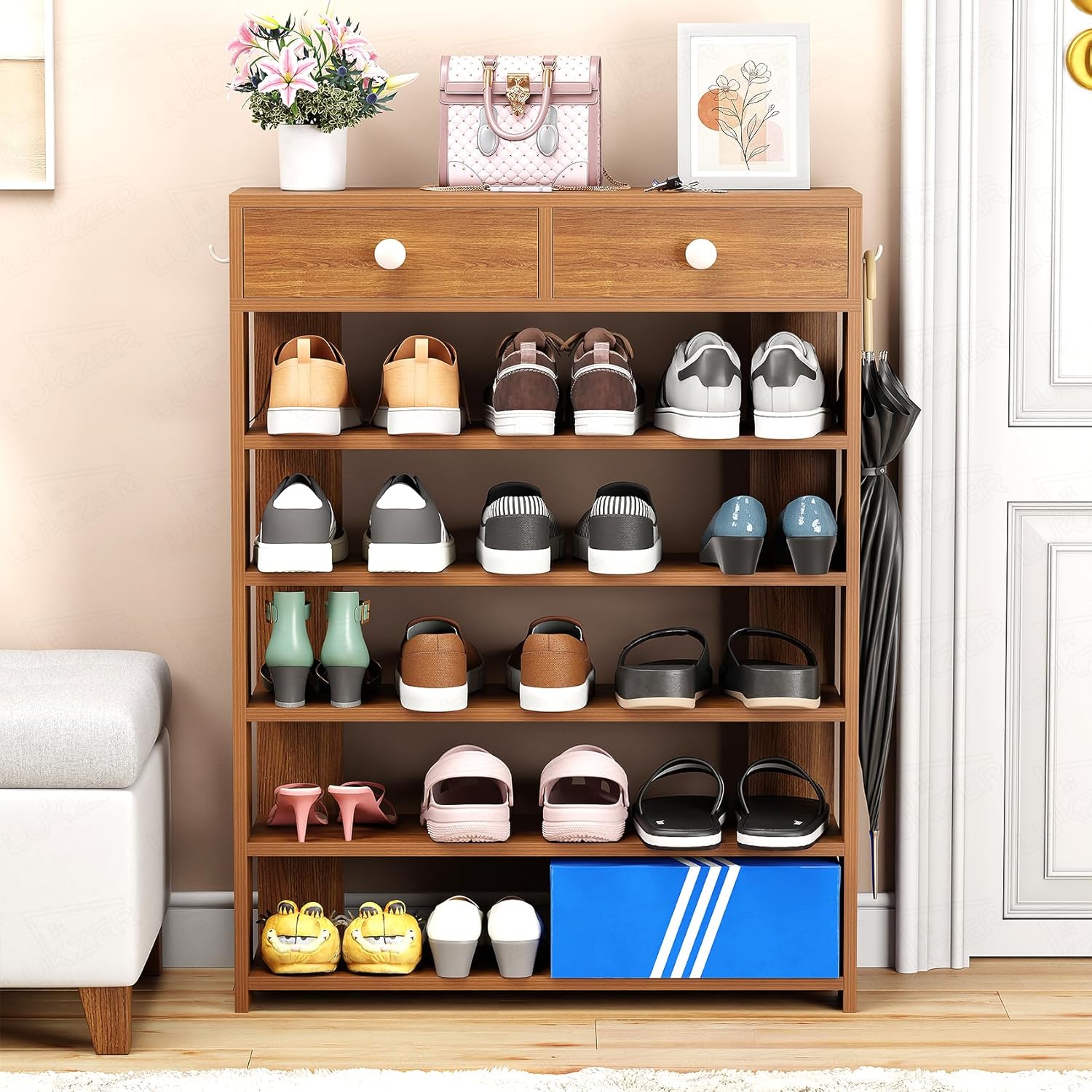 Lukzer 5-Tier Shoe Rack with Storage Drawers Engineered Wood Shoe Organizer (SR-001/Oak Brown)