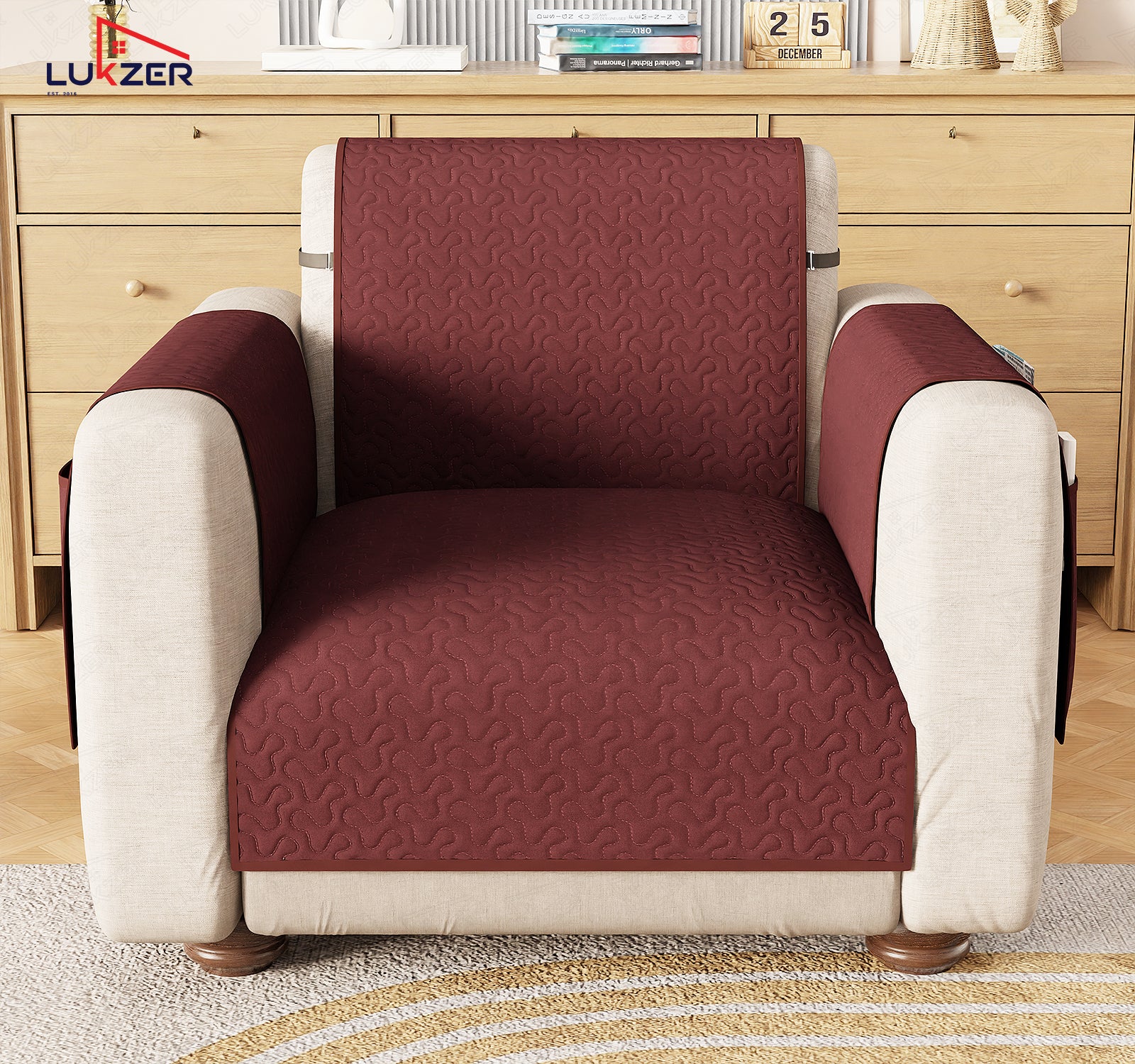 Lukzer Quilted Stipple Blue Sofa Cover Mat with Storage Side Pocket | 350 GSM Polyester Blend Full Coverage with Arms &amp; Back Belt | Machine Washable Sofa Runner.