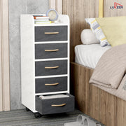 Lukzer 5-Drawer Engineered Wood Storage Cabinet with Fabric Bins & Wheels (MR-027/White)