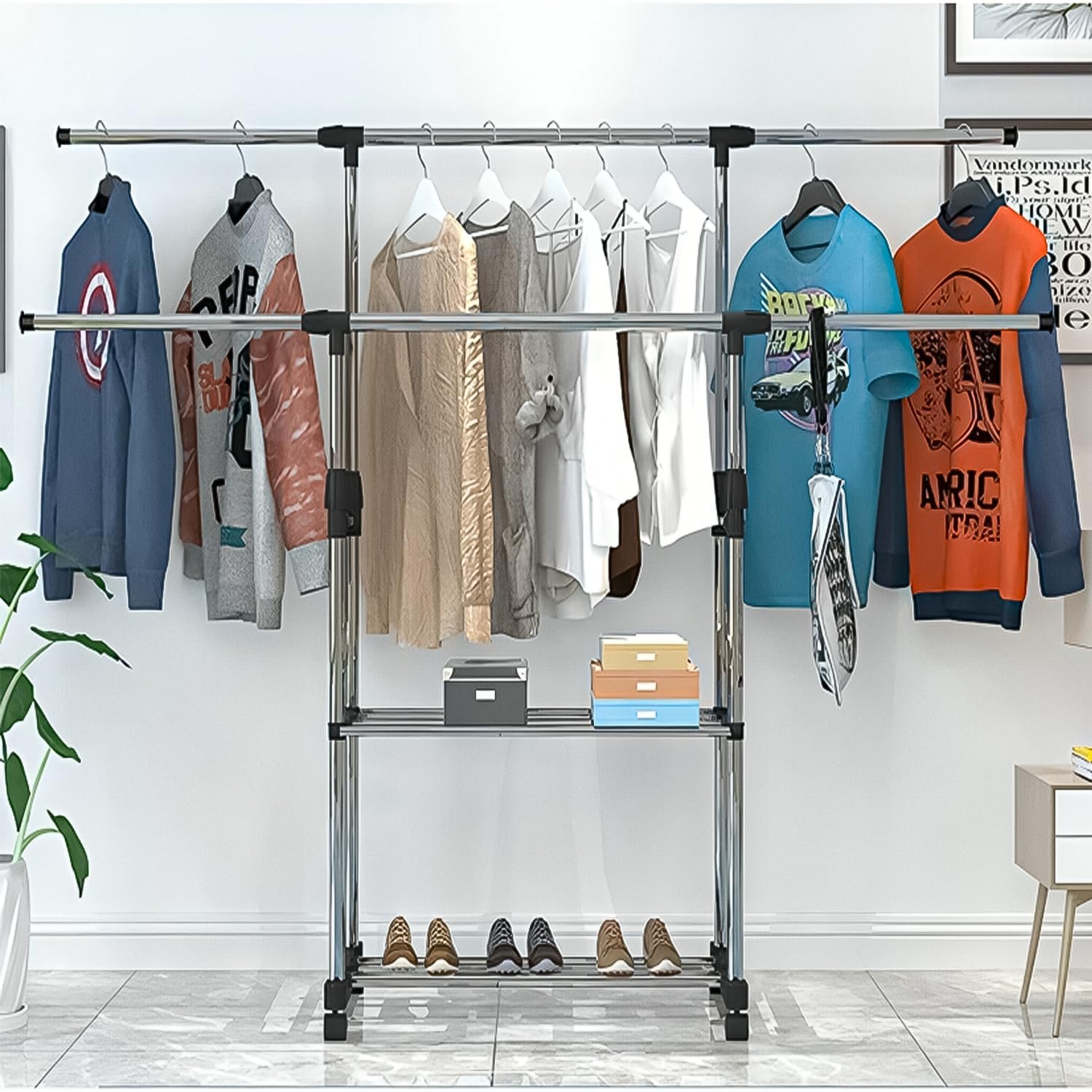 Lukzer Premium Stainless Steel Cloth Drying Stand – Double Rod & 2 Bottom Shelves