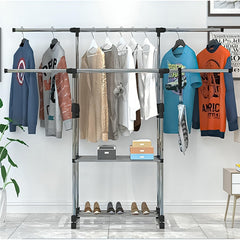 Lukzer Premium Stainless Steel Cloth Drying Stand – Double Rod & 2 Bottom Shelves