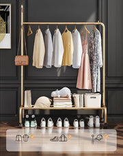 Lukzer Single Pole Garment Stand – 110cm with 1-Bottom Shelf MGR-007 (Black/Gold/White)