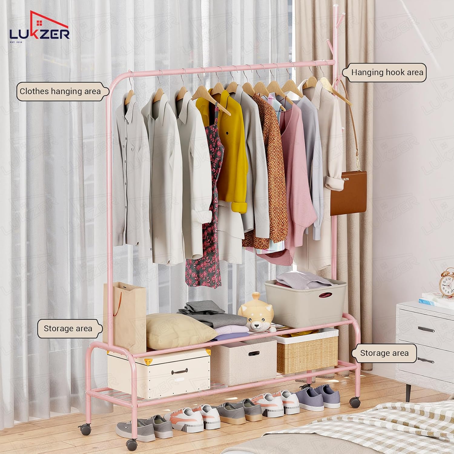 Lukzer Single Pole Portable Metal Garment Rack with 2 Bottom Shelves (MGR-008/Pink)