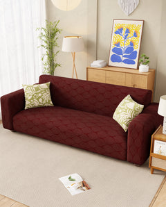 Lukzer Pastel Shades Textured Sofa Cover - Deep Maroon Leaf Trail (SC-130-01)