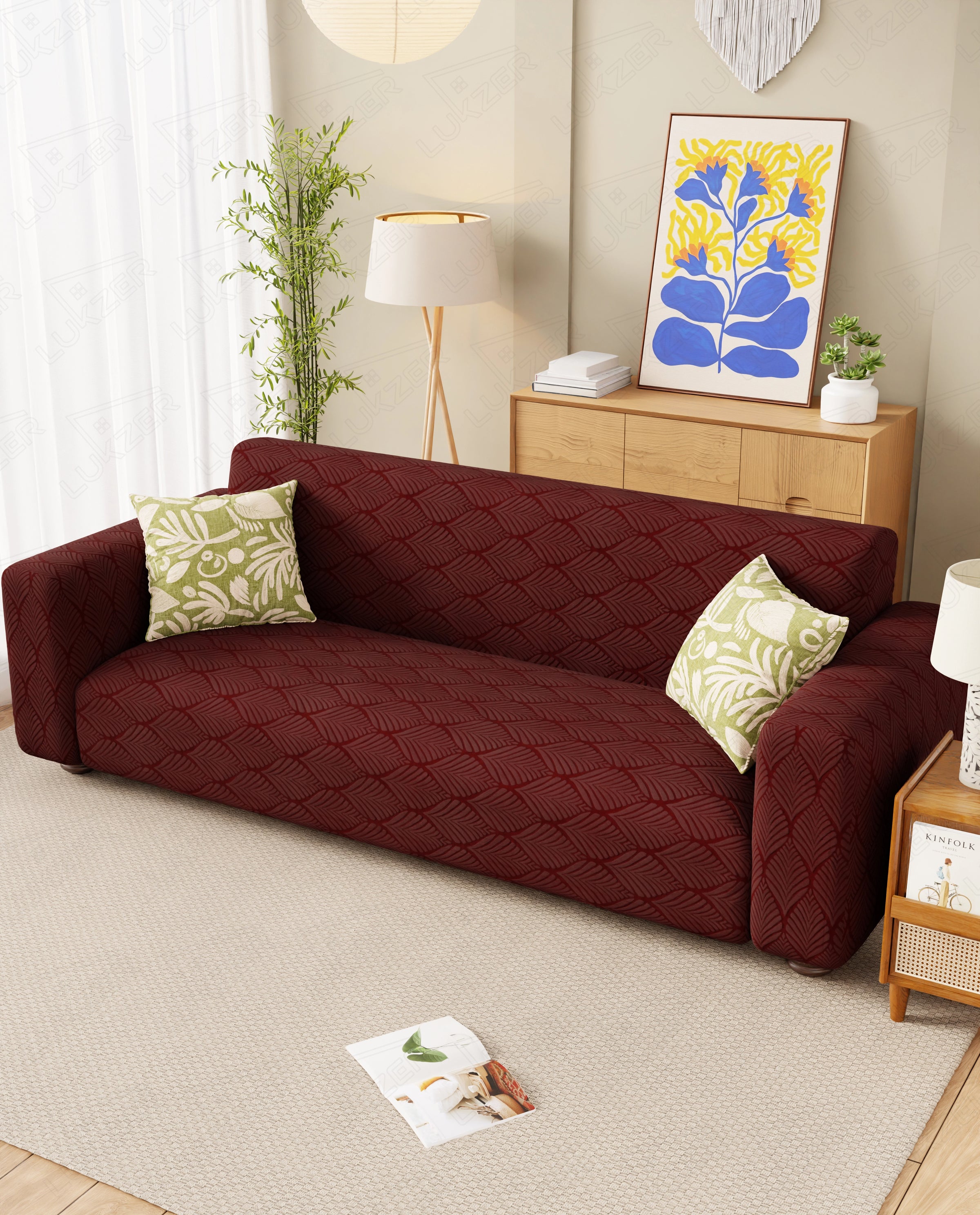 Lukzer Pastel Shades Textured Sofa Cover - Deep Maroon Leaf Trail (SC-130-01)