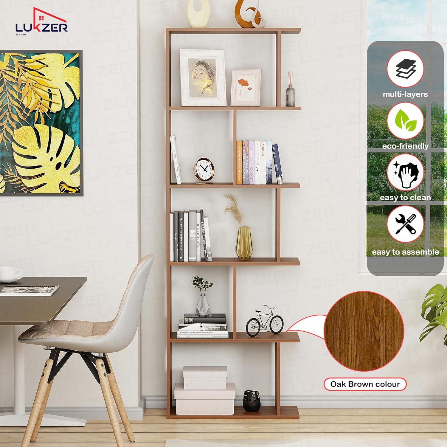 Lukzer 6 Layer Engineered Wood Space-Saving Organizer with Zigzag Open Bookshelf (MR-018/Oak Brown)
