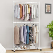 Lukzer Metal Double Rod Cloth Stand with Bottom Shelf & Wheels (MGS-006/White)