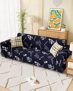 Lukzer Polyester Sofa Cover - Black with White Flower (SC-002-01)