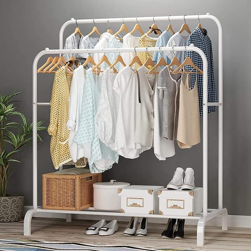 Lukzer Metal Cloth Stand with 2 Hanging Rods & Storage Shelf (MGS-002/White)