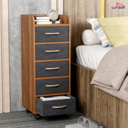 Lukzer 5-Drawer Engineered Wood Storage Cabinet with Fabric Bins & Wheels (MR-027/Oak Brown)